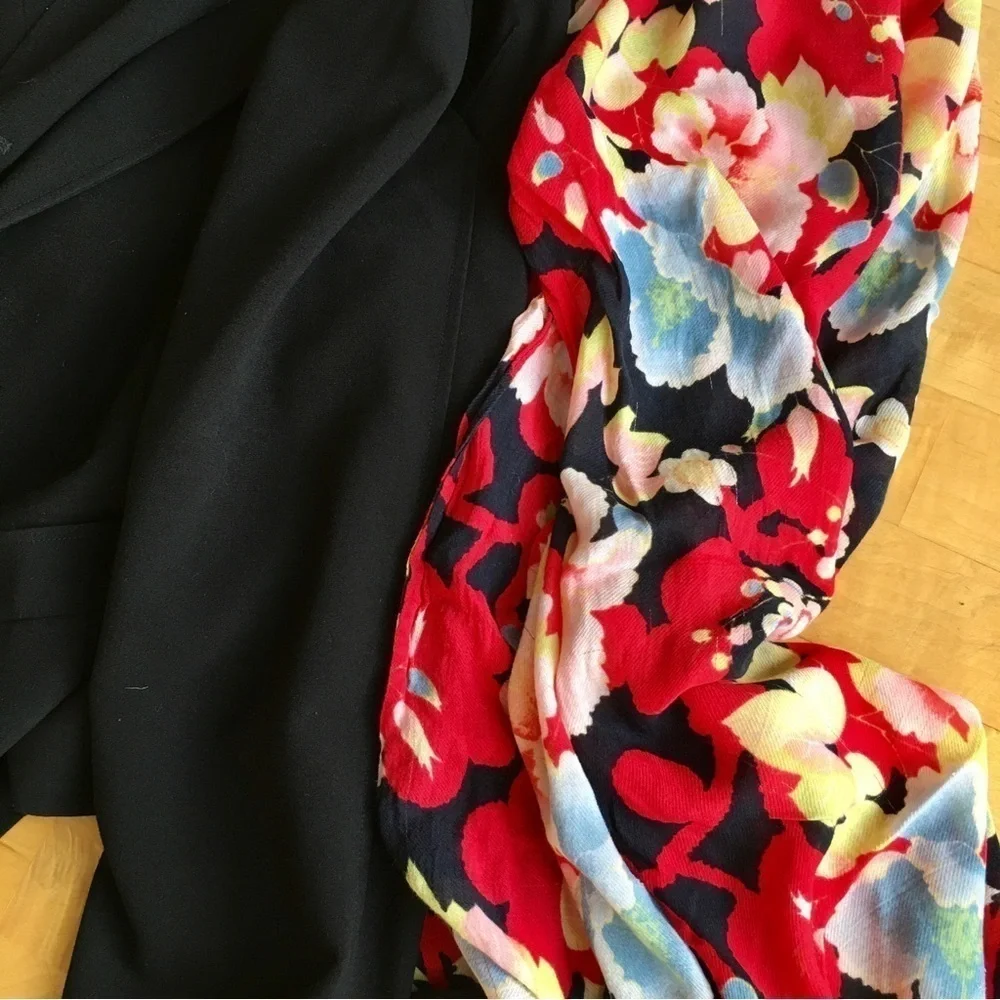 Floral, Lightweight Fringe Scarf, Navy Blue, Light Blue, Red, Pink, Yellow